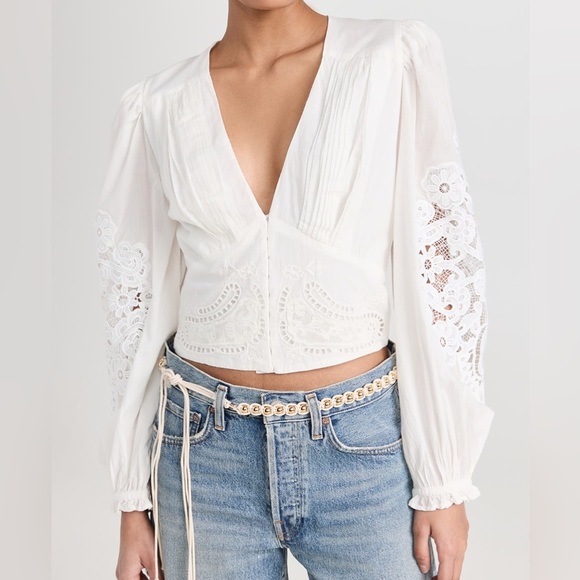 FARM Rio Tops - FARM RIO NWT $179 ANTHROPOLOGIE OFF-WHITE LONG-SLEEVE LACE BLOUSE TOP sz L